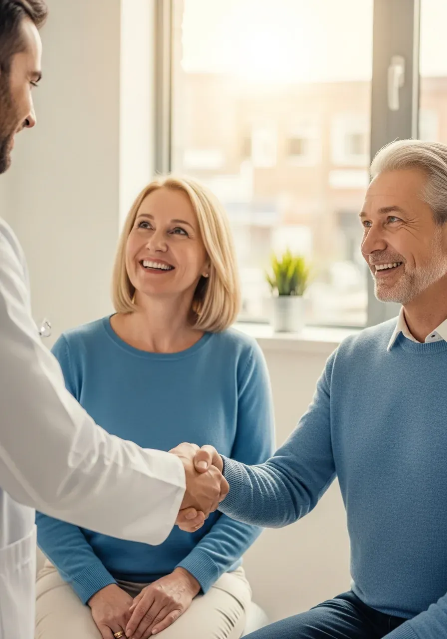 Oftalmólogo y paciente conversando con confianza al final de una consulta exitosa