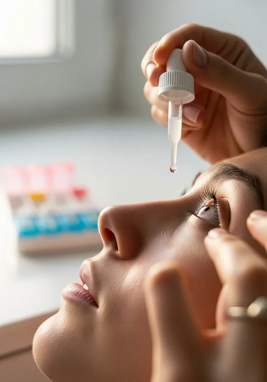 Persona aplicándose gotas oftálmicas como parte de su rutina diaria de tratamiento
