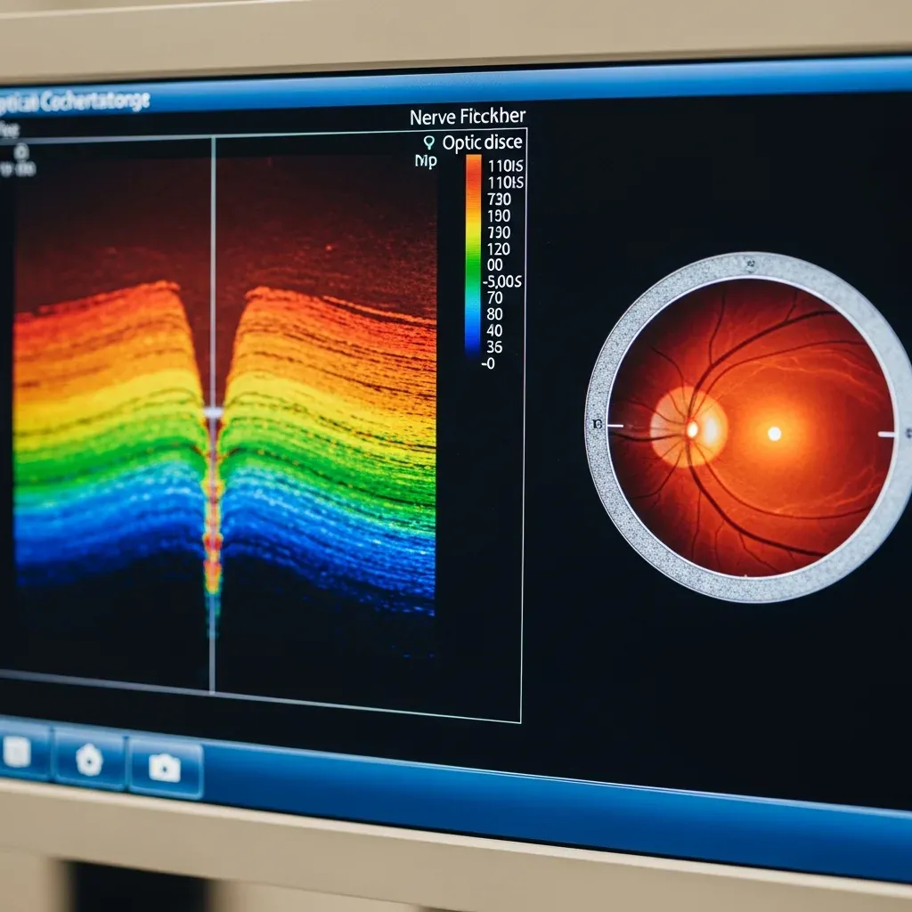 Pantalla médica mostrando un escaneo OCT del nervio óptico con mapa de colores