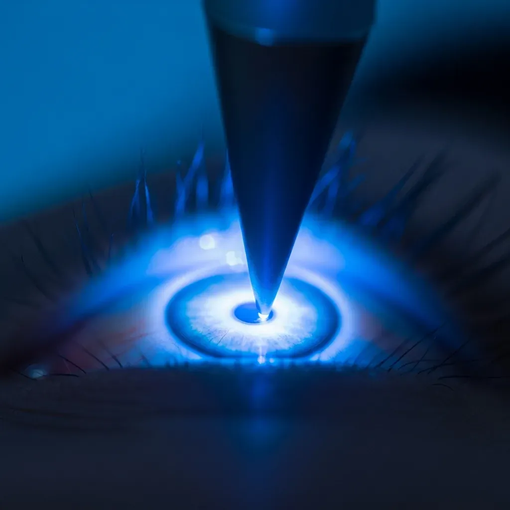 Tonómetro de aplanación Goldmann midiendo la presión intraocular con luz azul de cobalto