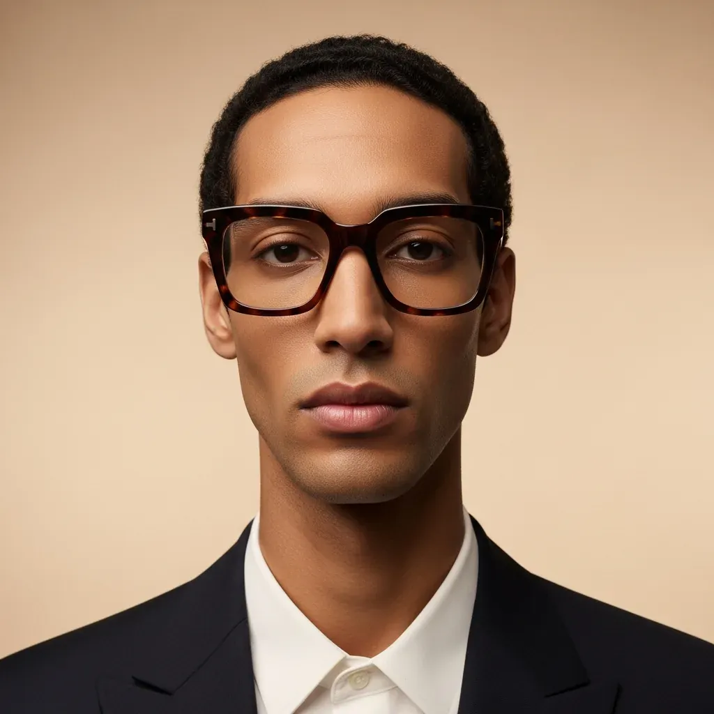 Hombre con rostro alargado usando acetato grueso arquitectónico