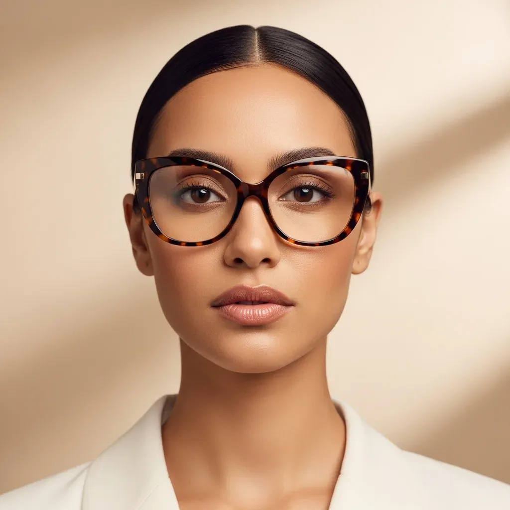 Mujer con rostro ovalado usando montura cat-eye oversized