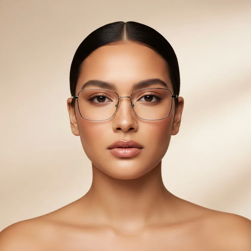 Mujer con rostro redondo usando montura rectangular