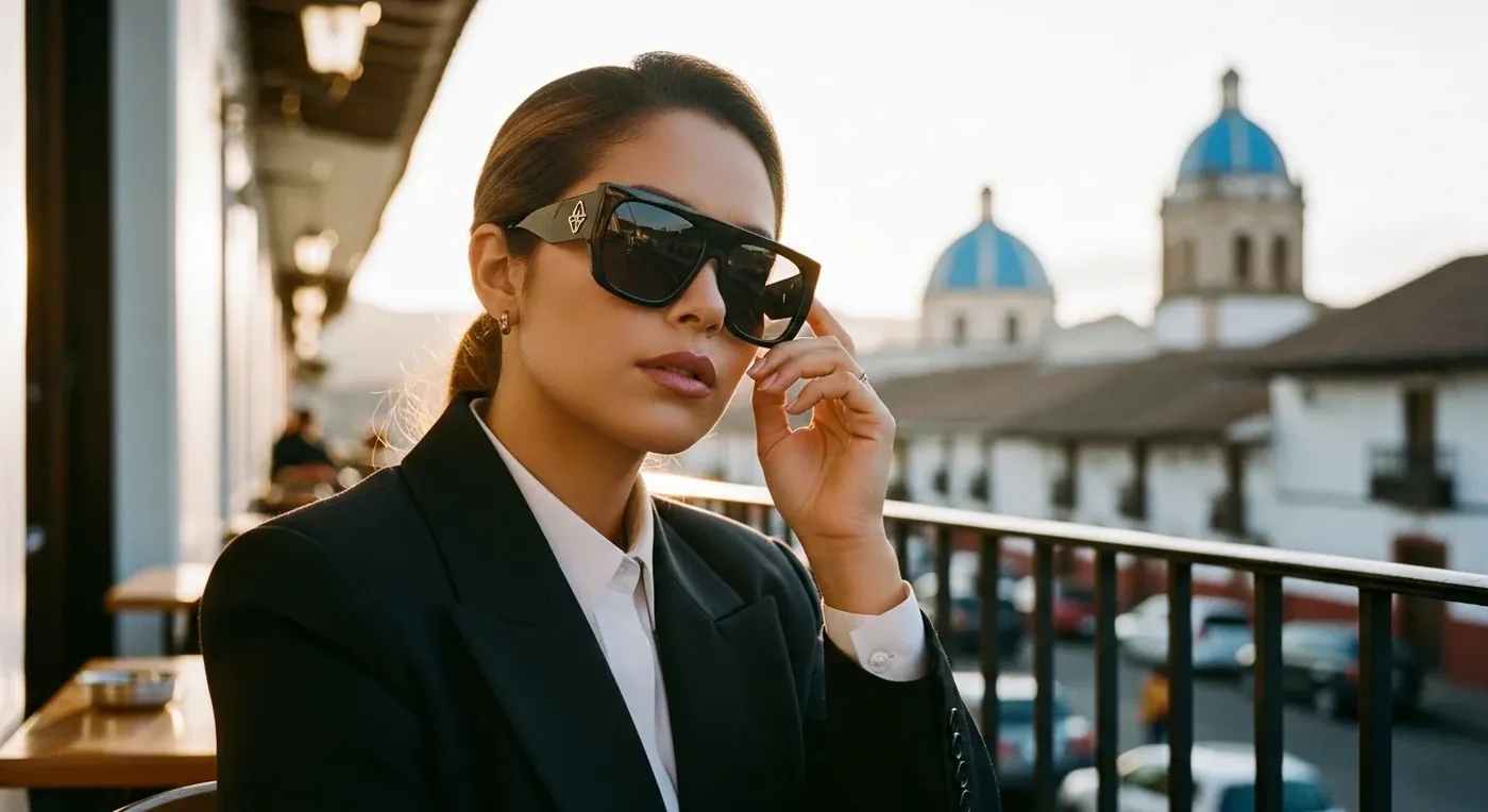 Mujer en Cuenca usando monturas oversized cat-eye estilo Saint Laurent