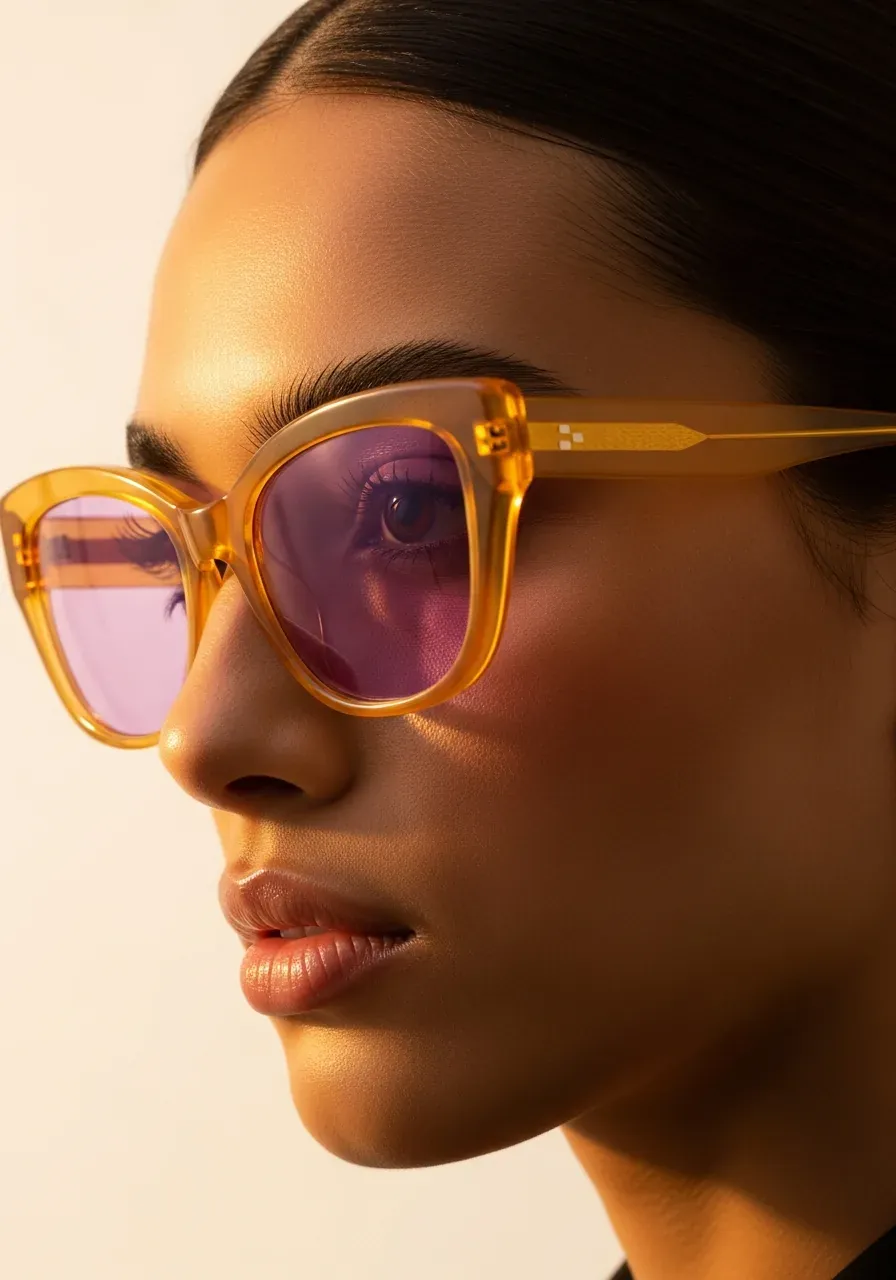 Primer plano de cat-eye con lentes lavanda en acetato carey honey, estilo Bottega Veneta