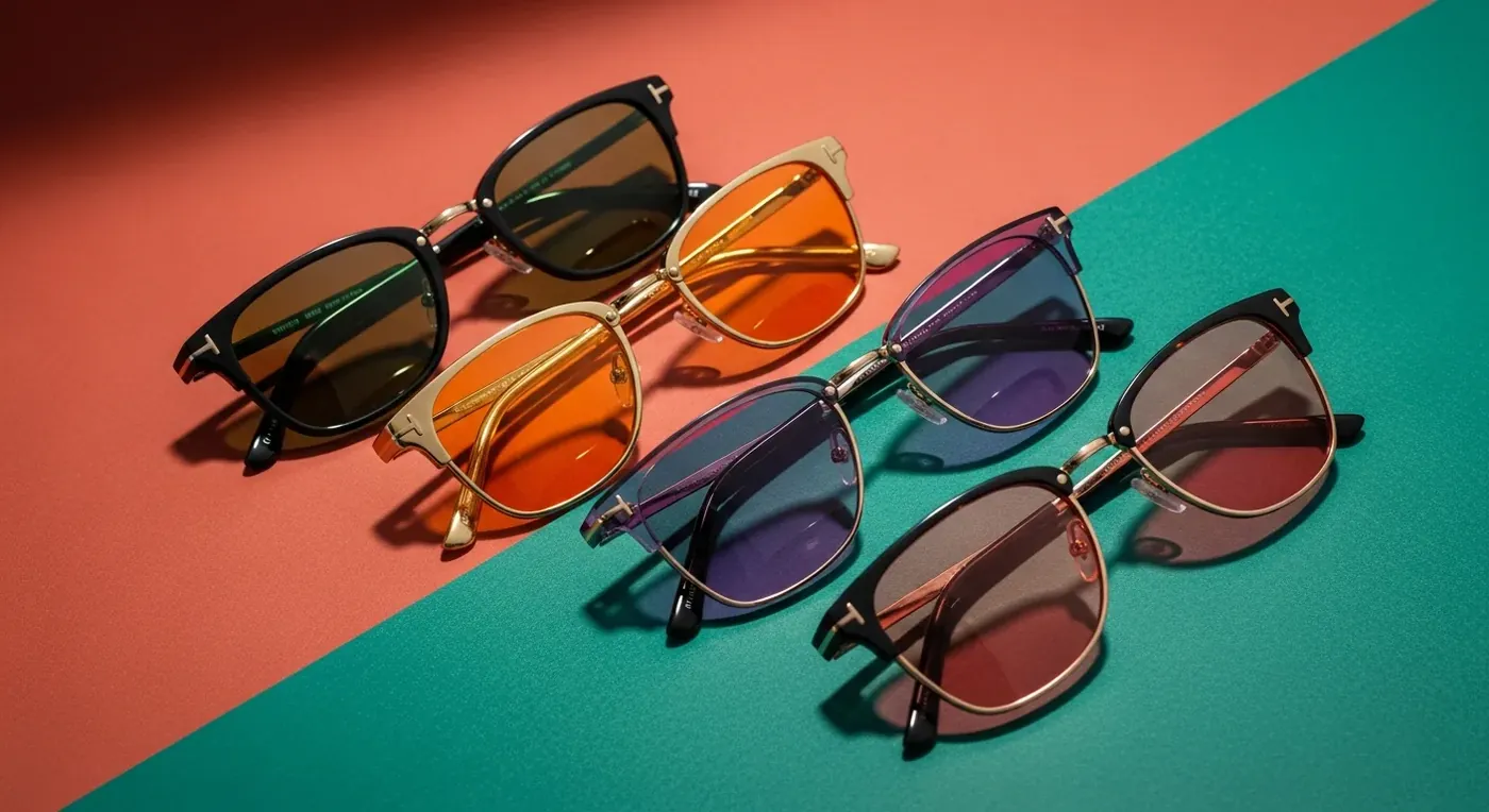 Cuatro gafas con lentes tintados verde, ámbar, lavanda y rosa sobre fondo color block