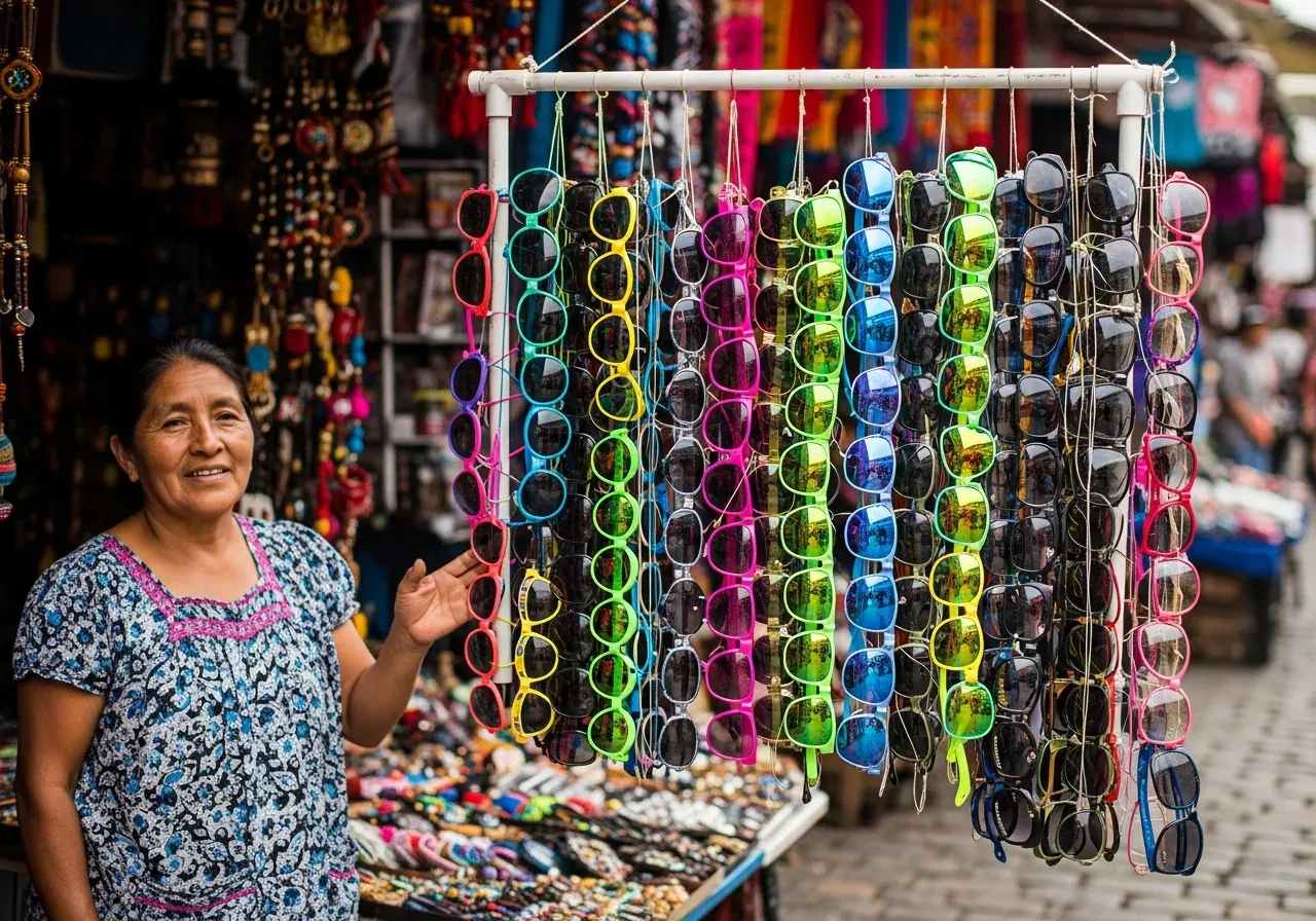 Puesto de mercado con gafas informales sin certificación