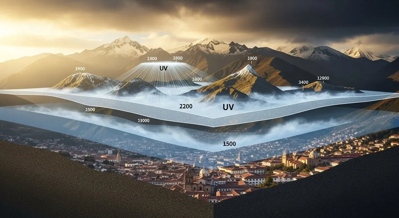 Sección transversal de la atmósfera sobre los Andes mostrando la penetración de rayos UV en Cuenca