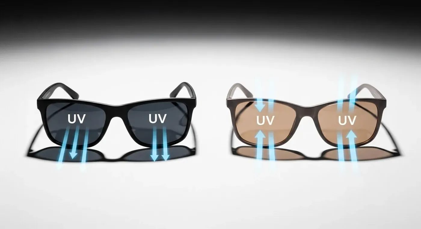 Dos pares de lentes: lentes oscuros sin filtro UV vs. lentes certificados UV400