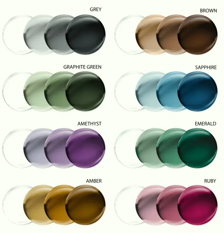 Los 8 colores Transitions® GEN S™ mostrando sus tres niveles de oscurecimiento